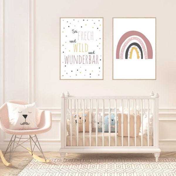 2er Poster-Set "Frech, wild, wunderbar" ROSA | Geschenk zur Geburt oder Taufe | Baby Mädchen | Kinderzimmer Deko pink