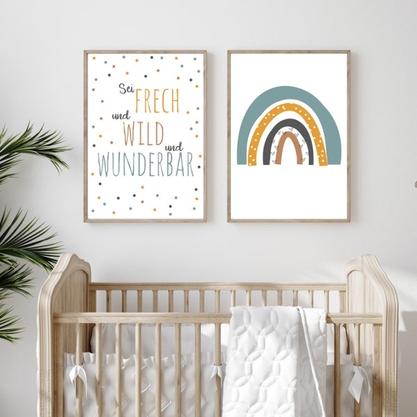 Set of 2 posters "Naughty, wild, wonderful" | Gift for a birth or baptism | Baby Girl Boy | Children's room decoration colorful