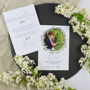 Dankeskarte Kommunion Konfirmation Taufe "Greenery" blau | Danksagung Dankeschön Erstkommunion | Junge Mädchen | individuell personalisiert