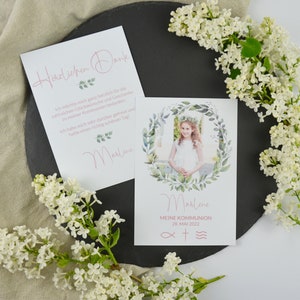 Dankeskarte Kommunion Konfirmation Taufe "Greenery" rosa | Danksagung Dankeschön Erstkommunion | Junge Mädchen | individuell personalisiert