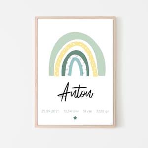 Geburtsposter Regenbogen | personalisiertes Geschenk zur Geburt oder Taufe | Baby Junge | Kinderzimmer Deko Namensposter
