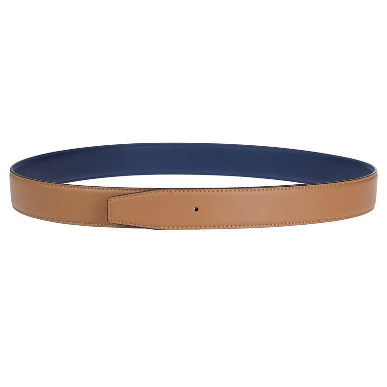 May include: A brown leather belt with a navy blue lining. The belt has a simple buckle and is stitched around the edges.