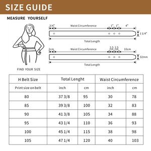 May include: A size guide for belts with a table showing belt sizes in inches and centimeters, along with corresponding waist measurements in inches and centimeters. The table includes sizes from 80 to 105.