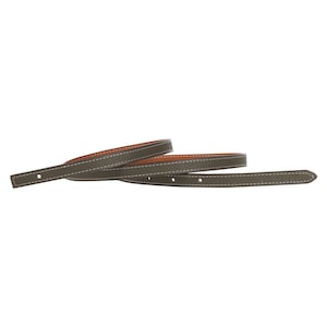 May include: A brown leather belt with a light brown underside and white stitching. The belt is folded in half.