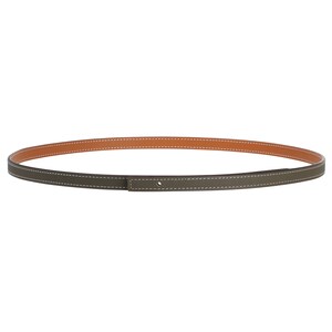 May include: A green leather belt with a brown leather lining and white stitching.
