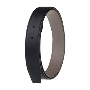 May include: A black leather belt with a brown leather lining. The belt has three holes for adjusting the size.