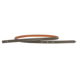 May include: A brown leather belt with a tan leather lining and white stitching.