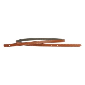 May include: A brown leather belt with white stitching and a green leather lining.