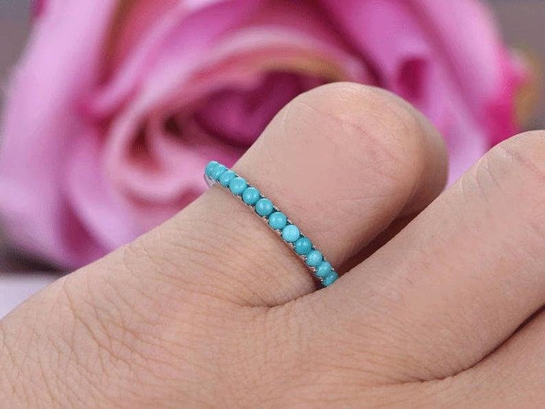 mothers day 18k gold Stacking ring band Turquoise Engagement ring Turquoise silver half eternity ring band turquoise women silver ring