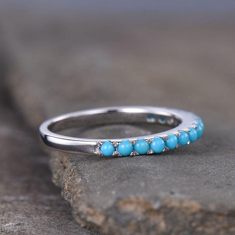 mothers day 18k gold Stacking ring band Turquoise Engagement ring Turquoise silver half eternity ring band turquoise women silver ring