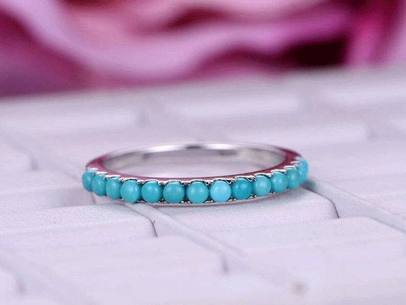 mothers day 18k gold Stacking ring band Turquoise Engagement ring Turquoise silver half eternity ring band turquoise women silver ring