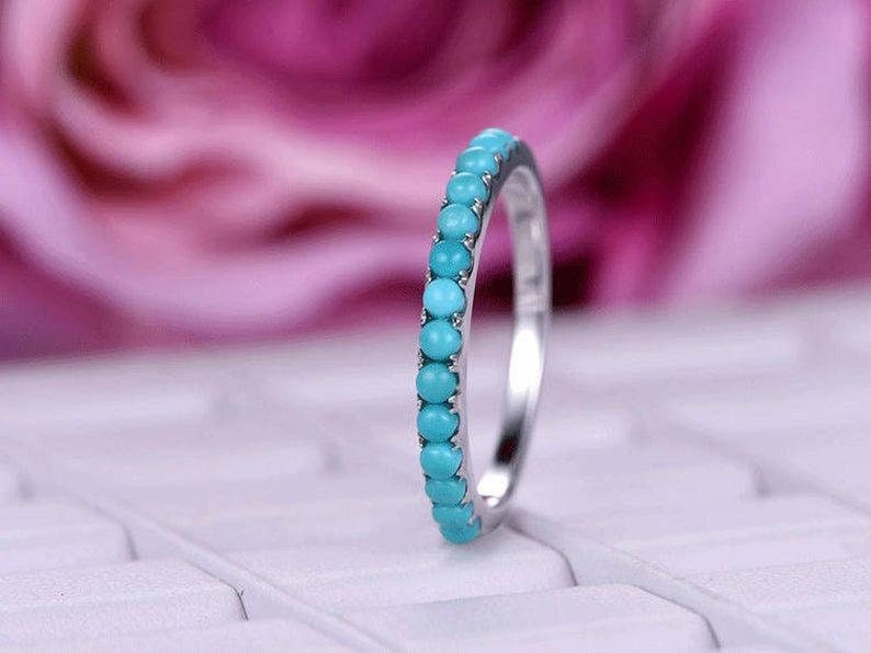 mothers day 18k gold Stacking ring band Turquoise Engagement ring Turquoise silver half eternity ring band turquoise women silver ring