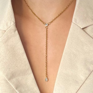 18k gold plated Delicate diamond teardrop lariat necklace | Dainty and minimal Y necklace | | tarnish resistant