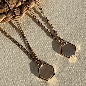 18k gold plated Dainty gold pearl hexagon charm necklace || tarnish resistant