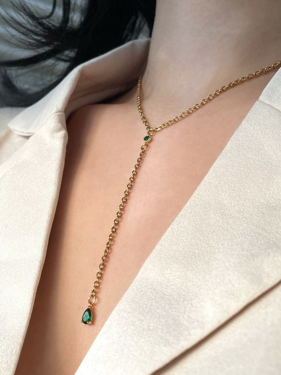 18k Gold Plated Dainty Green pink purple Diamond Teardrop Lariat