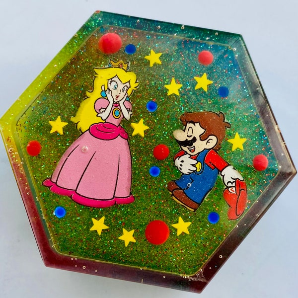 Super Mario and Princess Peach inspired epoxy trinket box