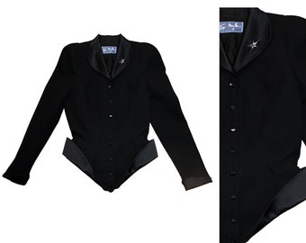 Vintage 90s Thierry Mugler RARE Blazer Jacket Black Futurisic Dramatic Wool Wasp Waist 80s 1990s