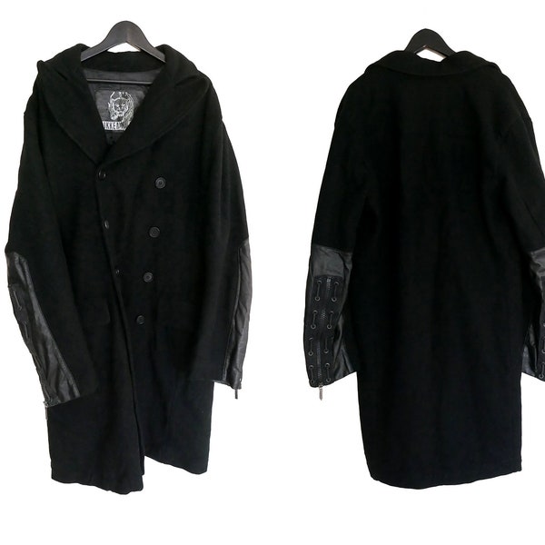 Dirk Bikkembergs Wool Leather Coat Jacket Black Deconstructed Lace Rope Archive