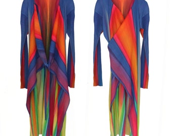 Issey Miyake Pleats Please Rainbow Wrap Dress RARE Multicolor Long Sleeve Jacket Coat Style Japan Japanese