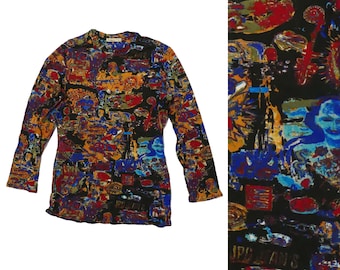 Jean Paul Gaultier Vintage Basquiat Abstract Painting Graffiti Print mesh top long Sleeve 90s 1990s JPG Tshirt shirt t-shirt