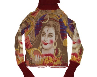 Vintage transparent mesh top long sleeve Indian Shiva vishnu turtleneck Cop Copine y2k shirt JPG Style