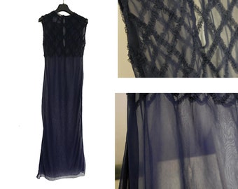 Jean Paul Gaultier Vintage Blue Navy Print Lace Mesh Maxi Dress JPG Ruffle Ruffles frill Y2K 1990s 90s