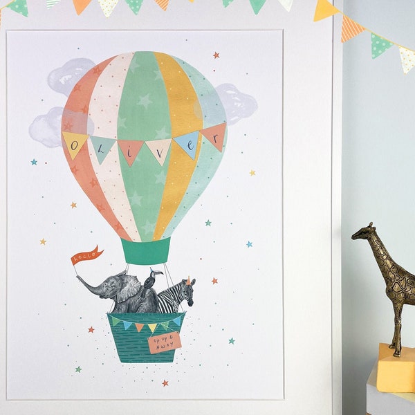 Personalised Bunting Nursery Print - Hot Air Balloon Animal Wall Art - New Baby Gift