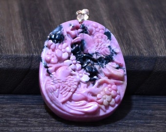 AbschlussGeschenke/Premium Grade rosa Rhodonit Edelstein Schnitzerei Blume Vogel Anhänger/Feinste Handwerkskunst/personalisierte Geschenke für sie ihn