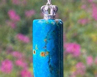 Valentine’s day gift for her gift for him/Precious blue Chrysocolla cylinder pendant with a silver buckle/Premium grade gemstone