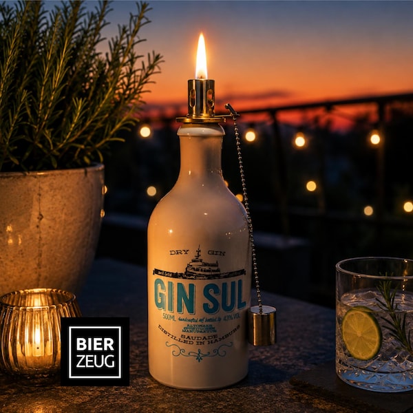 Gin Oil Lamp ”Sul” | Handmade Oil Lamp from Gin Sul Bottles | Upcycled | Handcrafted | Unique | Gift | Hamburg | Decor | H 24cm