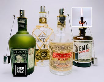 Rum Öllampe aus echter Rumflasche – Handgemachte Design Upcycling Öllampe mit windfestem Flammenlicht – Geschenkidee für Rum Liebhaber