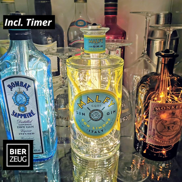 Gin-Glow - Die Magischen LED-Flaschen | Upcycling Gin-Flaschen mit LED-Licht | LED-Flaschen-Lampen für Bar und Vitrine | Inklusive Timer