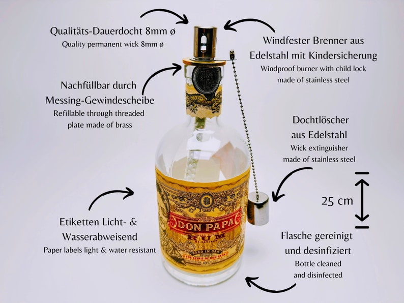 May include: A Don Papa rum bottle repurposed as a lamp with an 8mm permanent wick, a stainless steel windproof burner with child lock, a brass threaded refill plate, and a stainless steel wick extinguisher. The bottle is 25 cm tall with water-resistant labels.