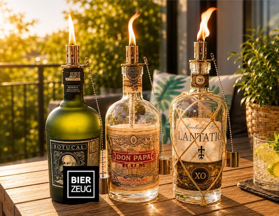 Rum Öllampe aus echter Rumflasche – Handgemachte Design Upcycling Öllampe mit windfestem Flammenlicht – Geschenkidee für Rum Liebhaber