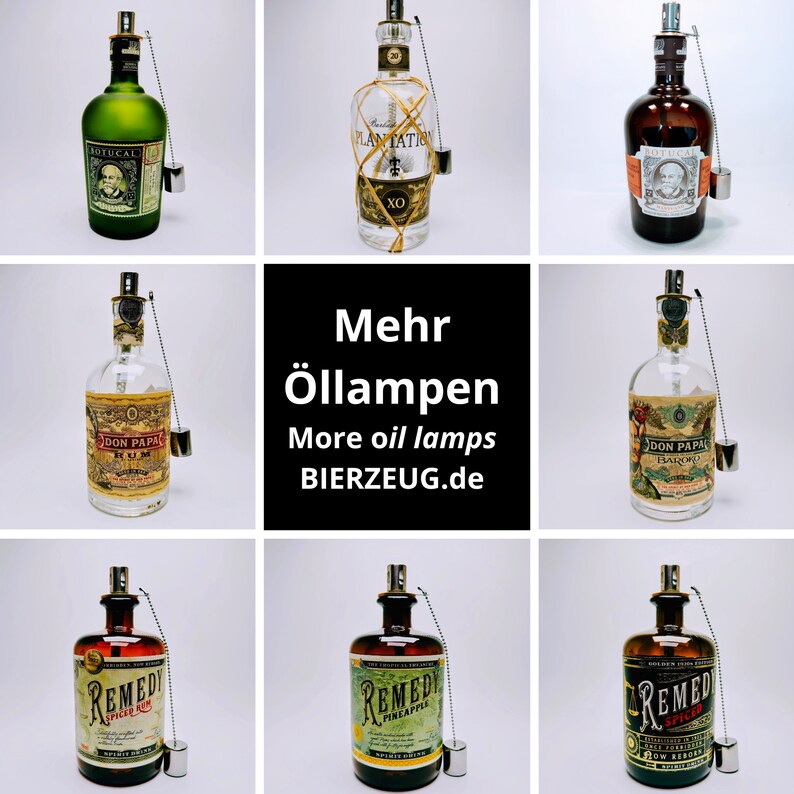 May include: Nine glass bottles with different labels and designs, repurposed as oil lamps. The bottles are filled with clear liquid and have a metal wick and chain attached to the top. The bottles are arranged in a 3x3 grid on a white background. The text "Mehr &Ouml;llampen" and "More oil lamps" is displayed in the center of the image.
