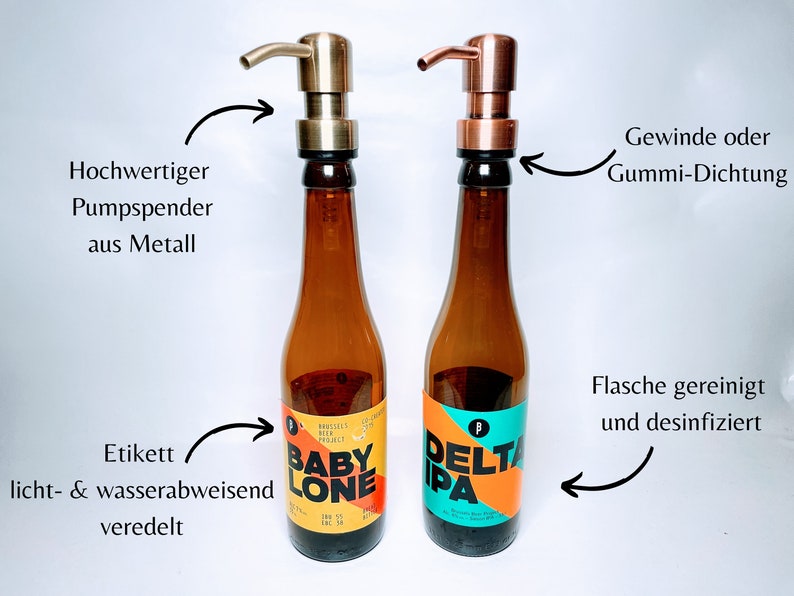 May include: Two glass bottles with labels, one with a yellow and orange label that says "BABY LONE" and the other with a blue and orange label that says "DELTA IPA". Both bottles have gold metal pump dispensers.