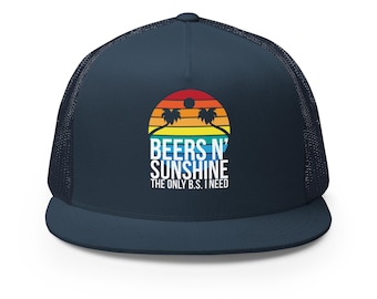 May include: A navy blue trucker hat with a mesh back. The front of the hat features a rainbow sunset graphic with palm trees and the text "BEERS N' SUNSHINE THE ONLY B.S. I NEED".