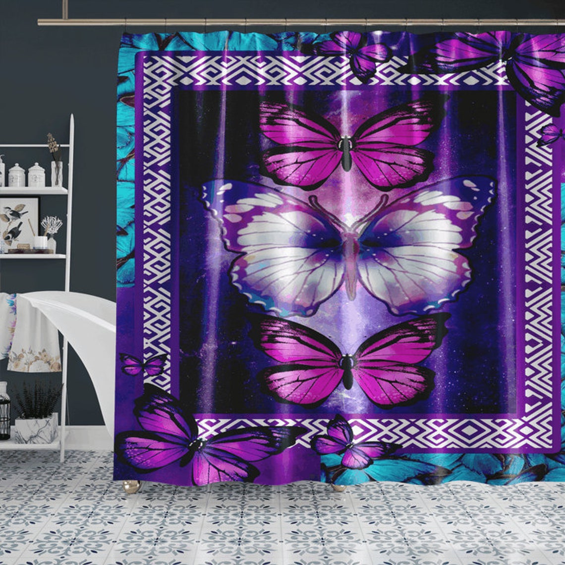 Purple Butterfly Shower Curtain Butterflies Print Shower Etsy
