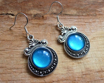 Earrings, vintage, metallic, ear hooks made of 925 silver, handmade, ocean blue
