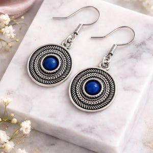 Ohrringe mit blauem Stein, Ohrhaken aus 925 silber, dunkelblau, Ohrringe Vintage, Ohrringe rund, Ohrringe dunkelblau