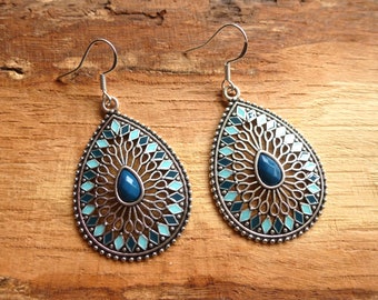 Colorful earrings, boho, hippie earrings, 925 silver ear hooks, vintage, enamel earrings, blue earrings