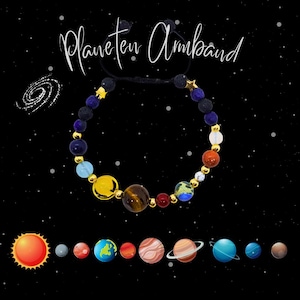 Bransoletka z planetami, bransoletka z układem słonecznym, wszechświat, galaktyka, kosmos, kamienie szlachetne, pleciona, regulowana, 8 planet z naturalnego kamienia