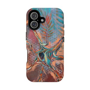 May include: A phone case with a colorful abstract design featuring swirling blue, green, orange, and red paint. The background is a geometric pattern in shades of blue and orange.