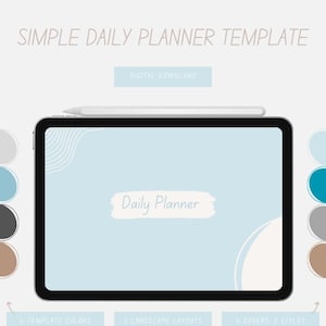 以下が含まれることがあります： 薄い青色の背景と白い手書きの「Daily Planner」というタイトルが付いたデジタルデイリープランナーテンプレート。テンプレートには4つのカラーオプション、3つの横長レイアウト、2つのスタイルの4つのカバーが含まれています。