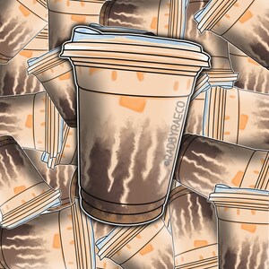 May include: A pattern of iced coffee drinks with a brown and white swirl design. The cups have a light blue lid and a white rim. The text "@RADBYRAECO" is on the side of one of the cups.