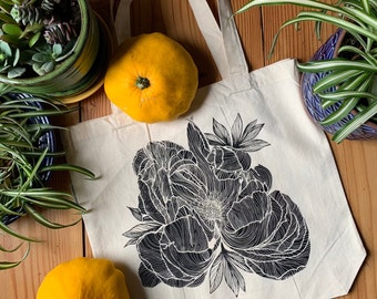 Peony Bloom Tote Bag | Hand Printed Organic Tote | Sustainable Kitchen Goods