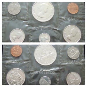 May include: A selection of Canadian coins displayed in clear plastic sleeves. The coins include various denominations, such as pennies, nickels, dimes, quarters, and a silver dollar. The coins feature portraits of Queen Elizabeth II and other Canadian symbols.