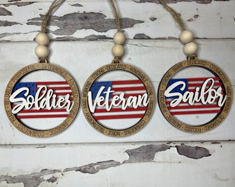 Military Flag Ornaments.  Soldier Ornament. Veteran Ornament. Sailor Ornament