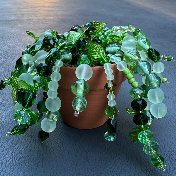 Glass Beaded Succulent Cactus – Faux Plant in Terra Cotta Pot – Handmade Bead Art Decor