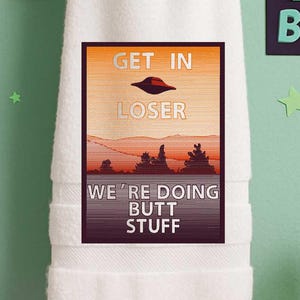 Funny Alien Abduction Hand Towel: Quirky Kitchen & Bathroom Decor
